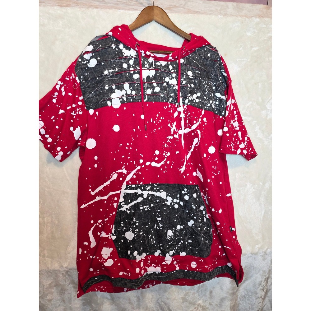Encrypted Mens 5X Red Paint Splatter Short Sleeve Hoodie Distressed Denim Detail